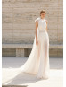 High Neck Ivory Lace Dotted Tulle Beach Wedding Dress